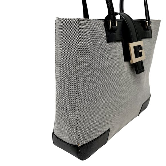 GUCCI Vintage G Square Logo Shoulder Bag Gray Black Cotton Leather [103945] - Picture 6 of 12